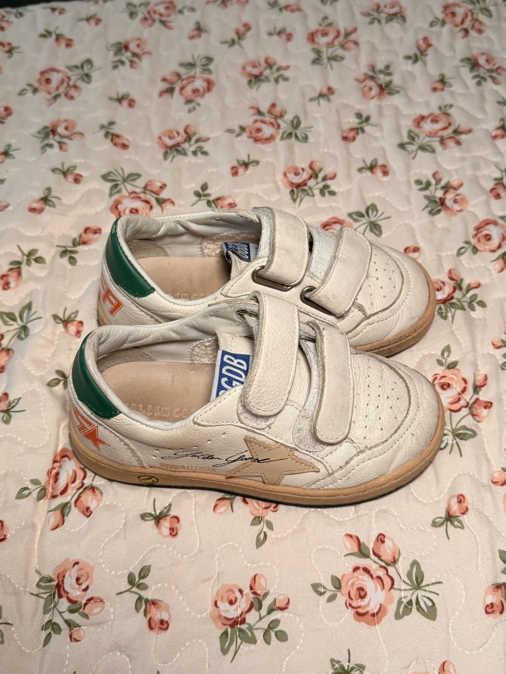 White Kids Velcro Sneakers with Green Heel Accent Golden Goose